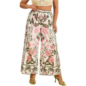 imageMakeMeChic Womens Plus Size Floral Palazzo Pants Elastic Waist Wide Leg Tropical Print Summer TrousersPink