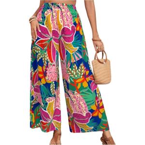 imageMakeMeChic Womens Plus Size Floral Palazzo Pants Elastic Waist Wide Leg Tropical Print Summer TrousersRoyal Blue