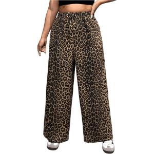 imageMakeMeChic Womens Plus Size Leopard Print Wide Leg Pants Casual Summer Drawstring Waist TrousersMulticolor