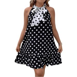 imageMakeMeChic Womens Plus Size Polka Dots Halter Dress Tie Neck Ruffle Hem Short DressesBlack and White