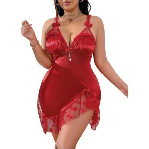 imageMakeMeChic Womens Plus Size Satin Silk Nightgowns V Neck Ruffle Lingerie Sleep DressRed