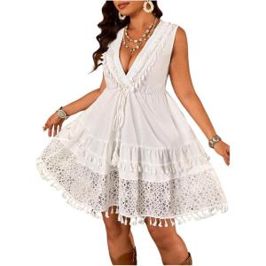 imageMakeMeChic Womens Plus Size Tank Dress Tassel Floral Lace V Neck A Line Boho DressesWhite