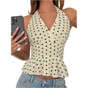 imageMakeMeChic Womens Polka Dots Halter Tops V Neck Tie Back Wrap Shirt Sleeveless Cami TopApricot