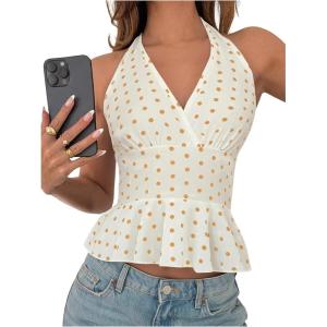 imageMakeMeChic Womens Polka Dots Halter Tops V Neck Tie Back Wrap Shirt Sleeveless Cami TopBeige