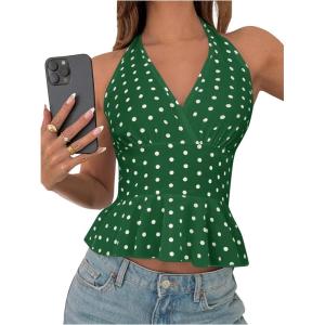 imageMakeMeChic Womens Polka Dots Halter Tops V Neck Tie Back Wrap Shirt Sleeveless Cami TopGreen