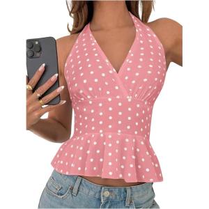 imageMakeMeChic Womens Polka Dots Halter Tops V Neck Tie Back Wrap Shirt Sleeveless Cami TopPink