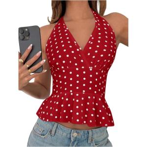 imageMakeMeChic Womens Polka Dots Halter Tops V Neck Tie Back Wrap Shirt Sleeveless Cami TopRed