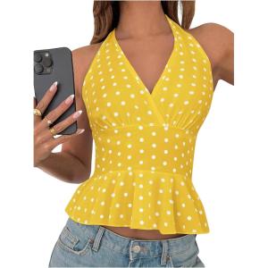 imageMakeMeChic Womens Polka Dots Halter Tops V Neck Tie Back Wrap Shirt Sleeveless Cami TopYellow