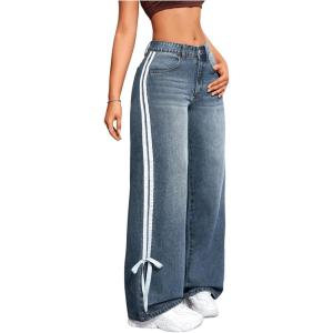 imageMakeMeChic Womens Straight Wide Leg Denim Pants Striped Bow Rise Jeans with Pocket Y2K StreetwearPetite Blue