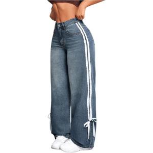imageMakeMeChic Womens Straight Wide Leg Denim Pants Striped Bow Rise Jeans with Pocket Y2K StreetwearRegular Blue