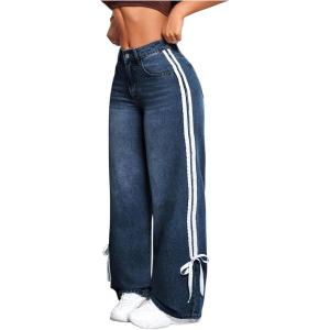 imageMakeMeChic Womens Straight Wide Leg Denim Pants Striped Bow Rise Jeans with Pocket Y2K StreetwearRegular Dark Wash