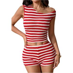 imageMakeMeChic Womens Summer 2 Piece Outfits Striped Asymmetrical Neck Knit Tank Crop Tops and Shorts SetRed and White
