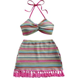 imageMakeMeChic Womens Summer 2 Piece Outfits Striped Twist Halter Top and Tassel Hem Mini Skirt SetMulticolor