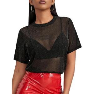 imageMakeMeChic Womens Summer Short Sleeve Tops Rock Concert Outfits Sequin See Through Mesh Sheer T Shirts BlouseB Black