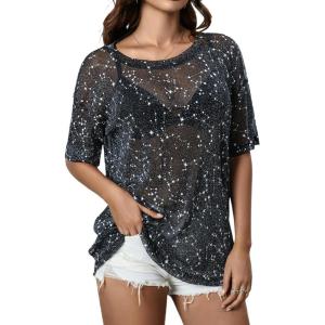 imageMakeMeChic Womens Summer Short Sleeve Tops Rock Concert Outfits Sequin See Through Mesh Sheer T Shirts BlouseBlack Galaxy