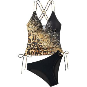 imageMakeMeChic Womens Tankini Swimsuits Sets Leopard Print Spaghetti Strap Ruched Beach Bathing SuitMulticolor