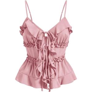 imageMakeMeChic Womens Tie Front Ruffle Camisole Top Frill Trim Flared Hem ShirtsPink
