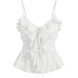 imageMakeMeChic Womens Tie Front Ruffle Camisole Top Frill Trim Flared Hem ShirtsWhite