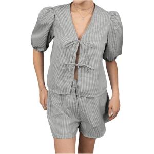 imageMakeMeChic Womens Two Piece Lounge Sets Gingham Plaid Puff Sleeve Tie Peplum Top and Shorts Pajamas SetBlack and White