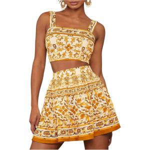 imageMakeMeChic Womens Two Piece Outfit Floral Sleeveless Shirred Tank Crop Top and Skirt SetOrange