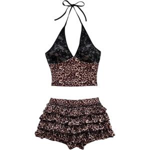 imageMakeMeChic Womens Two Piece Y2k Outfit Cheetah Print Lace Halter Crop Tops and Tiered Ruffle Shorts SetMulticolor