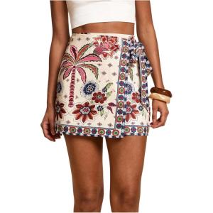 imageMakeMeChic Womens Wrap Skirt Skort Summer Linen Skirt Vacation Boho Mini Short SkirtsBeige and Blue