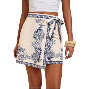 imageMakeMeChic Womens Wrap Skirt Skort Summer Linen Skirt Vacation Boho Mini Short SkirtsBlue and Apricot