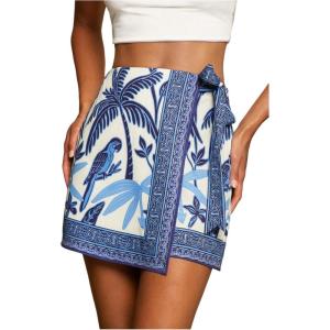 imageMakeMeChic Womens Wrap Skirt Skort Summer Linen Skirt Vacation Boho Mini Short SkirtsBlue and White
