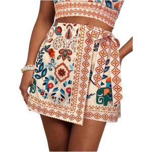 imageMakeMeChic Womens Wrap Skirt Skort Summer Linen Skirt Vacation Boho Mini Short SkirtsGreen and Pink
