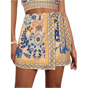 imageMakeMeChic Womens Wrap Skirt Skort Summer Linen Skirt Vacation Boho Mini Short SkirtsKhaki and Blue
