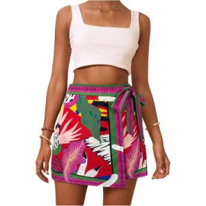 imageMakeMeChic Womens Wrap Skirt Skort Summer Linen Skirt Vacation Boho Mini Short SkirtsPink Tropical Print