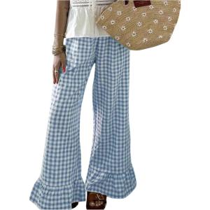 imageMakeMeChic Womens Y2K Gingham Wide Leg Pants Elastic Waist Ruffle Hem Loose Trousers LoungewearBlue