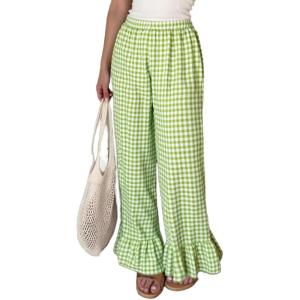 imageMakeMeChic Womens Y2K Gingham Wide Leg Pants Elastic Waist Ruffle Hem Loose Trousers LoungewearGreen