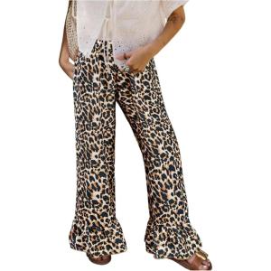 imageMakeMeChic Womens Y2K Gingham Wide Leg Pants Elastic Waist Ruffle Hem Loose Trousers LoungewearMulticolor