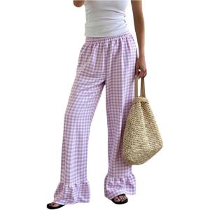 imageMakeMeChic Womens Y2K Gingham Wide Leg Pants Elastic Waist Ruffle Hem Loose Trousers LoungewearPurple