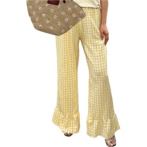imageMakeMeChic Womens Y2K Gingham Wide Leg Pants Elastic Waist Ruffle Hem Loose Trousers LoungewearYellow