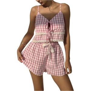 imageMakeMeChic Womens Y2k 2 Piece Outfit Gingham Lace V Neck Tie Front Cami Crop Tops and Shorts SetPink