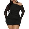imageMakeMeChic Womens Plus Size Summer Mini Dresses Mesh Ruched Bodycon One Shoulder DressesBlack