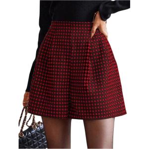 imageMakeMeChic Womens Houndstooth Print Shorts Loose Fit Zipper Fly Wide Leg Work Office Casual ShortsRed
