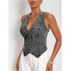imageMakeMeChic Womens Denim Vest Tops Y2K Button Down V Neck Asymmetrical Crop Jean Vest JacketsDark Grey