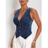 imageMakeMeChic Womens Denim Vest Tops Y2K Button Down V Neck Asymmetrical Crop Jean Vest JacketsDark Wash