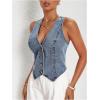 imageMakeMeChic Womens Denim Vest Tops Y2K Button Down V Neck Asymmetrical Crop Jean Vest JacketsLight Wash