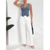 imageMakeMeChic Womens Denim Vest Tops Y2K Button Down V Neck Asymmetrical Crop Jean Vest JacketsLight Wash