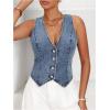 imageMakeMeChic Womens Denim Vest Tops Y2K Button Down V Neck Asymmetrical Crop Jean Vest JacketsLight Wash