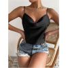 imageMakeMeChic Womens Draped Front Satin Bodysuit Sleeveless Spaghetti Strap Tank Tops ShirtsBlack