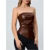imageMakeMeChic Womens Faux Leather Strapless Tube Tops Asymmetrical Ruched Backless Corset Crop Going Out TopsCoffee Brown