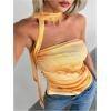 imageMakeMeChic Womens Leopard Print Mesh Tube Top Strapless Sleeveless Ruched Bandeau Crop Tops with ScarfYellow