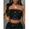 imageMakeMeChic Womens Strapless Shirred Denim Tube Tops Button Front Raw Trim Bandeau ShirtDark Grey