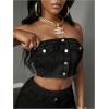 imageMakeMeChic Womens Strapless Shirred Denim Tube Tops Button Front Raw Trim Bandeau ShirtDark Grey