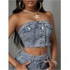 imageMakeMeChic Womens Strapless Shirred Denim Tube Tops Button Front Raw Trim Bandeau ShirtDusty Blue